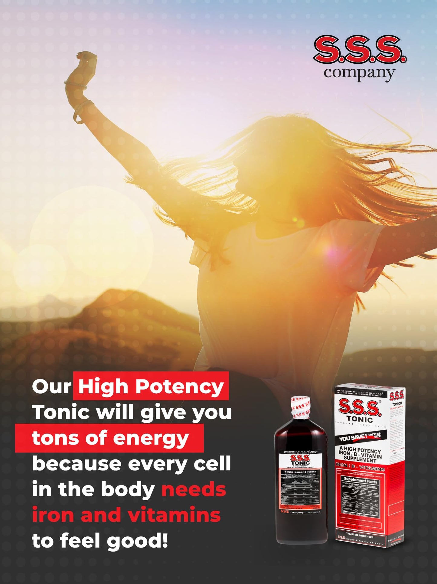 Close up of the supplement facts section on the SSS Tonic High Potency Liquid Iron bottle