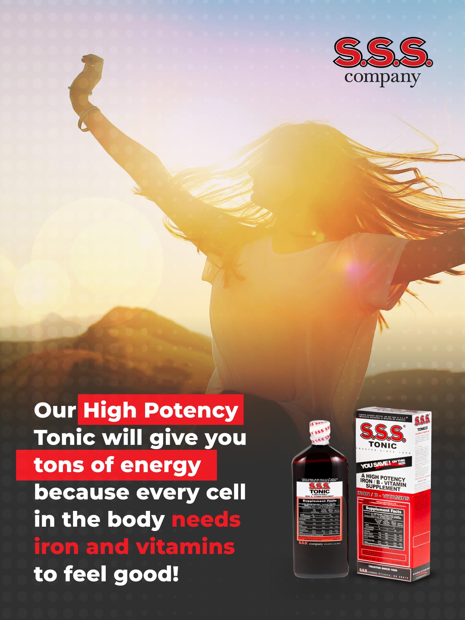 Close up of the supplement facts section on the SSS Tonic High Potency Liquid Iron bottle