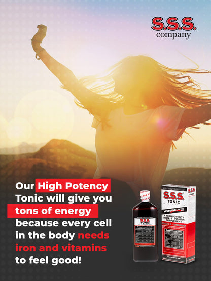 Close up of the supplement facts section on the SSS Tonic High Potency Liquid Iron bottle