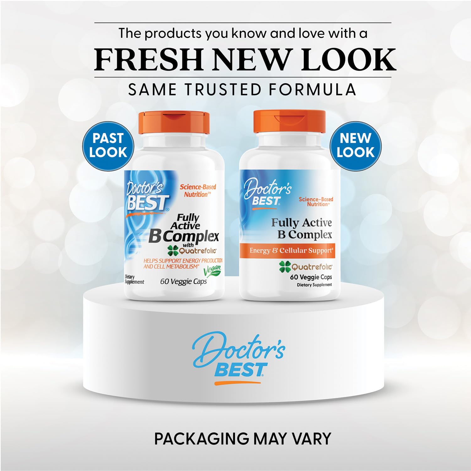 Doctor's Best B complex dietary supplement bottle showcasing ingredient facts and Quatrefolic logo.