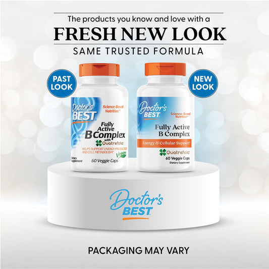 Doctor's Best B complex dietary supplement bottle showcasing ingredient facts and Quatrefolic logo.