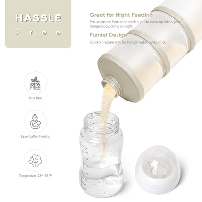 Termichy BPA free milk powder dispenser being poured into a standard baby bottle without spills
