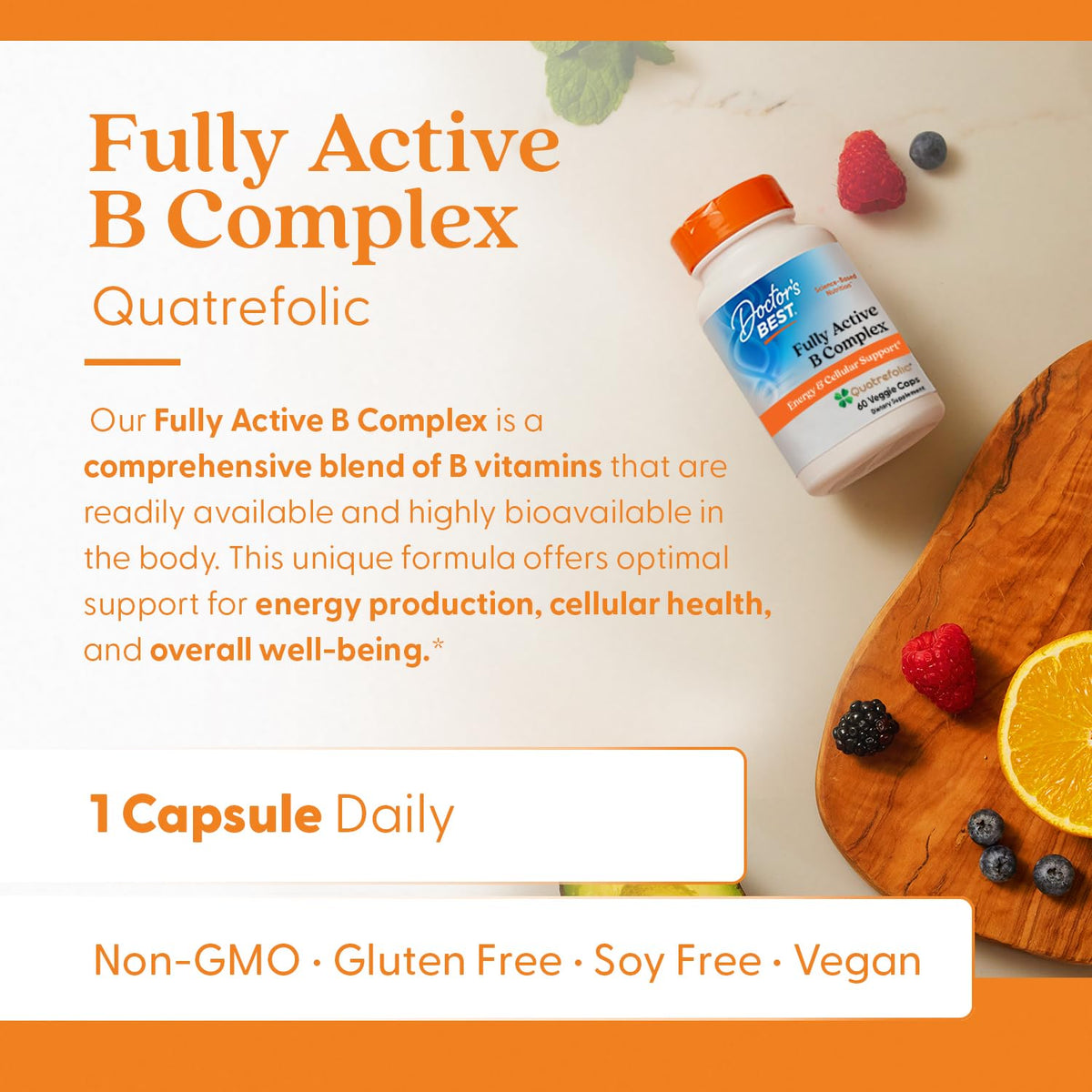 Authentic USA imported Doctor's Best fully active methylated vitamin B complex container.