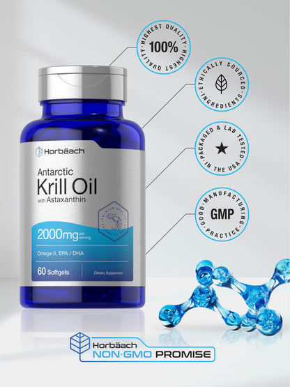 Horbäach Antarctic Krill Oil softgels pour out view highlighting capsule clarity