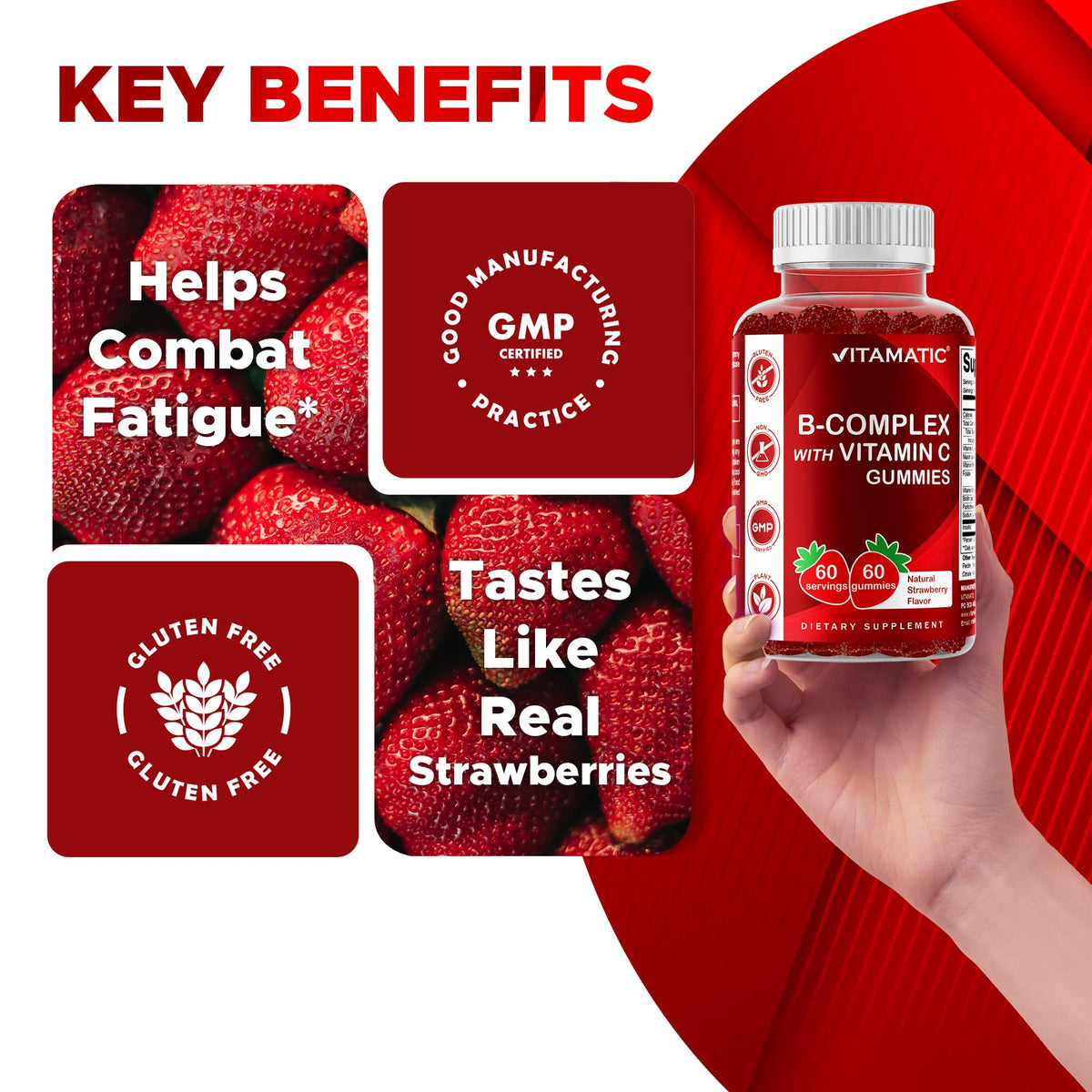 Close up of Vitamatic premium dietary supplement bottle with authentic USA import verification details.