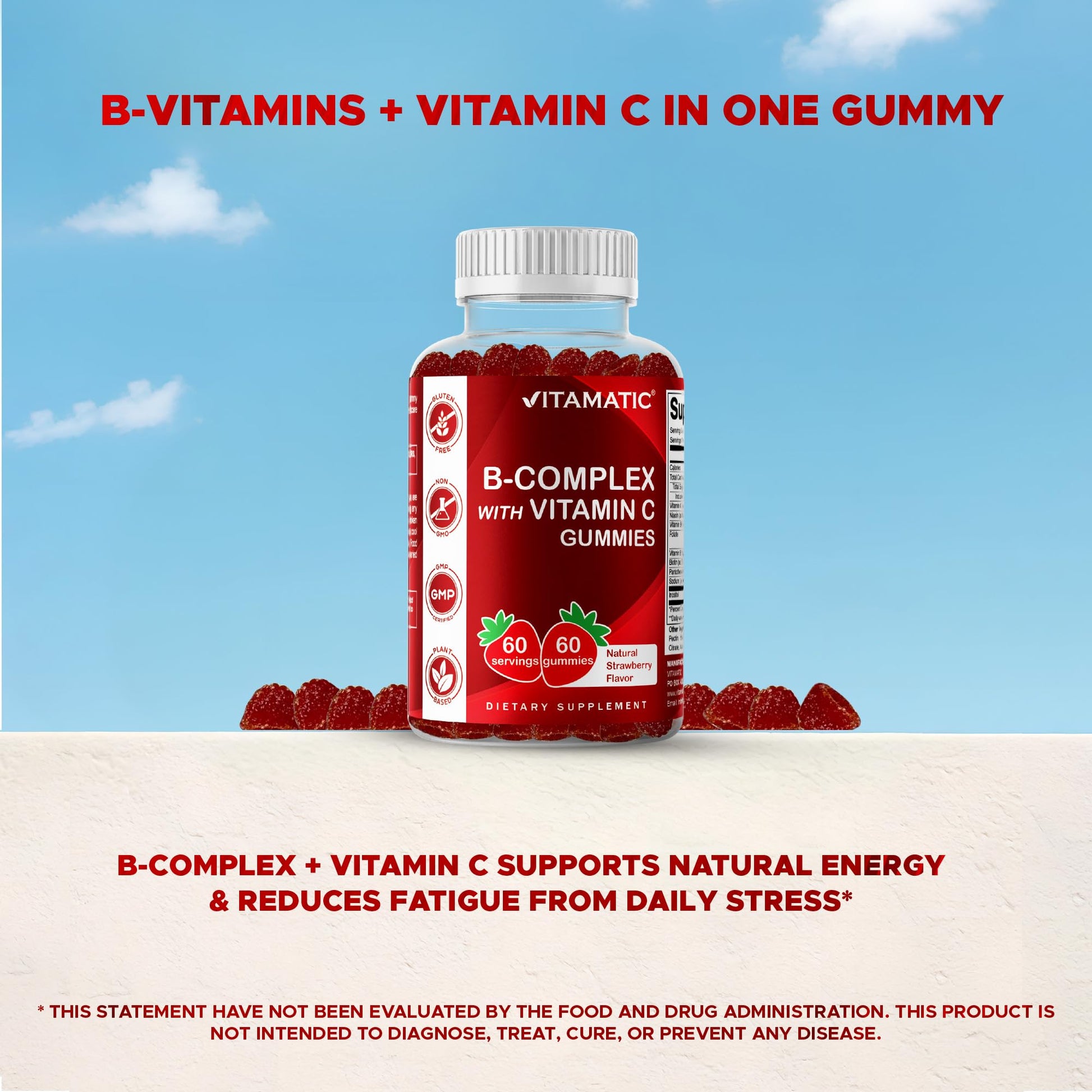 Vegetarian strawberry gummies containing biotin folate inositol and essential immunity supporting nutrients.