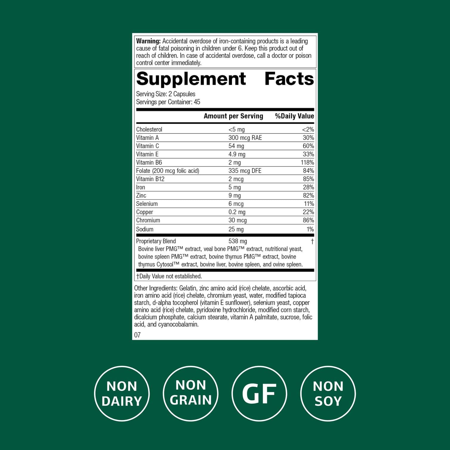 Standard Process Immuplex supplement facts panel showing vitamins and minerals.