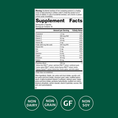 Standard Process Immuplex supplement facts panel showing vitamins and minerals.
