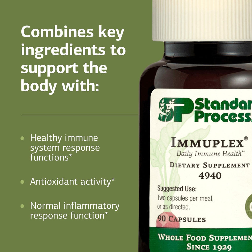 Standard Process Immuplex dietary supplement capsules displaying clean allergen free ingredients.