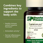Standard Process Immuplex dietary supplement capsules displaying clean allergen free ingredients.