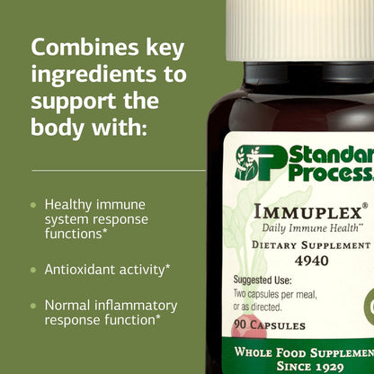 Standard Process Immuplex dietary supplement capsules displaying clean allergen free ingredients.