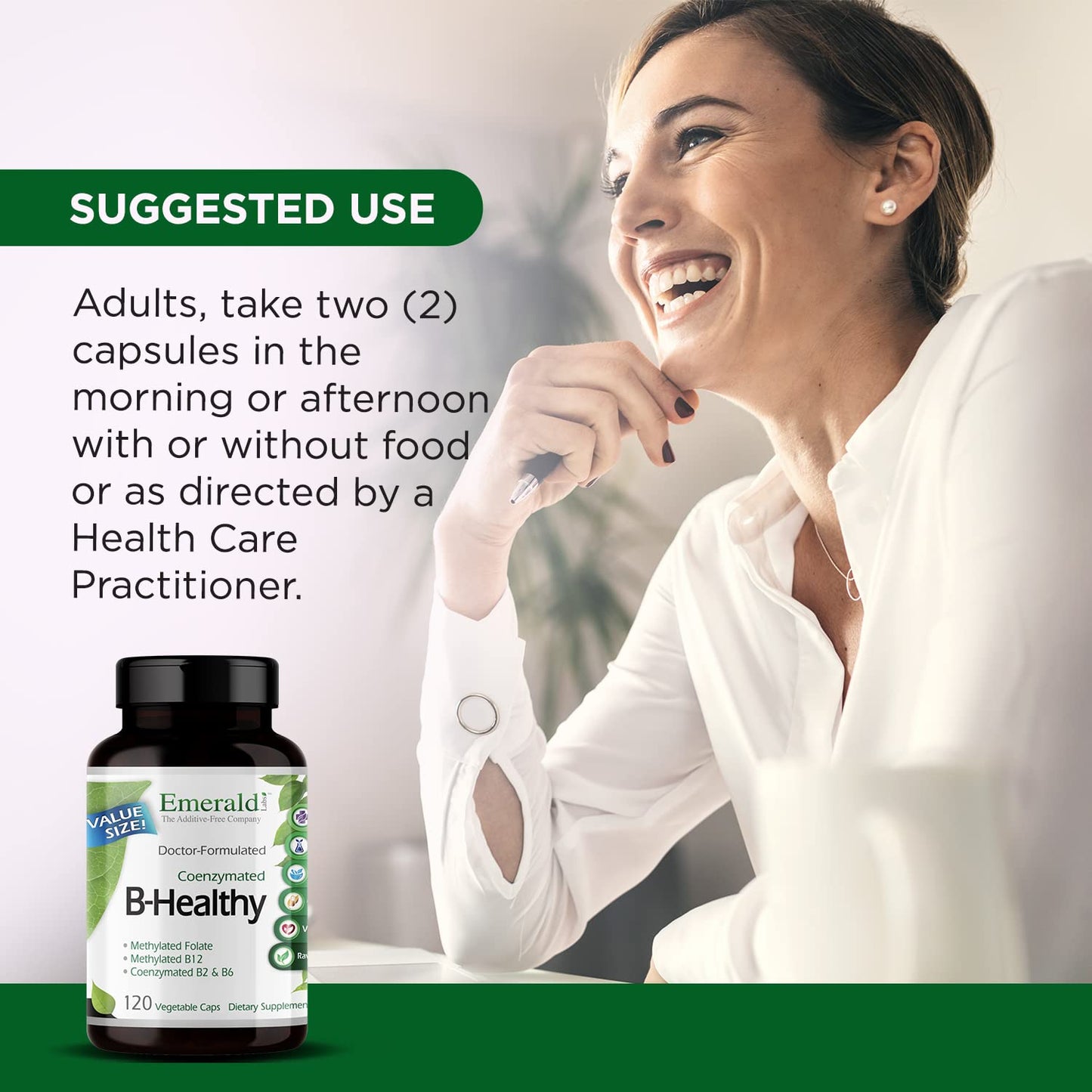 Methylated folate and active B12 dietary supplement bottle side panels