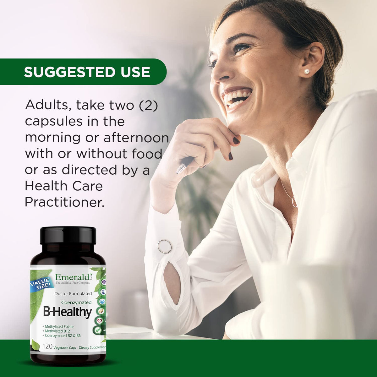 Methylated folate and active B12 dietary supplement bottle side panels