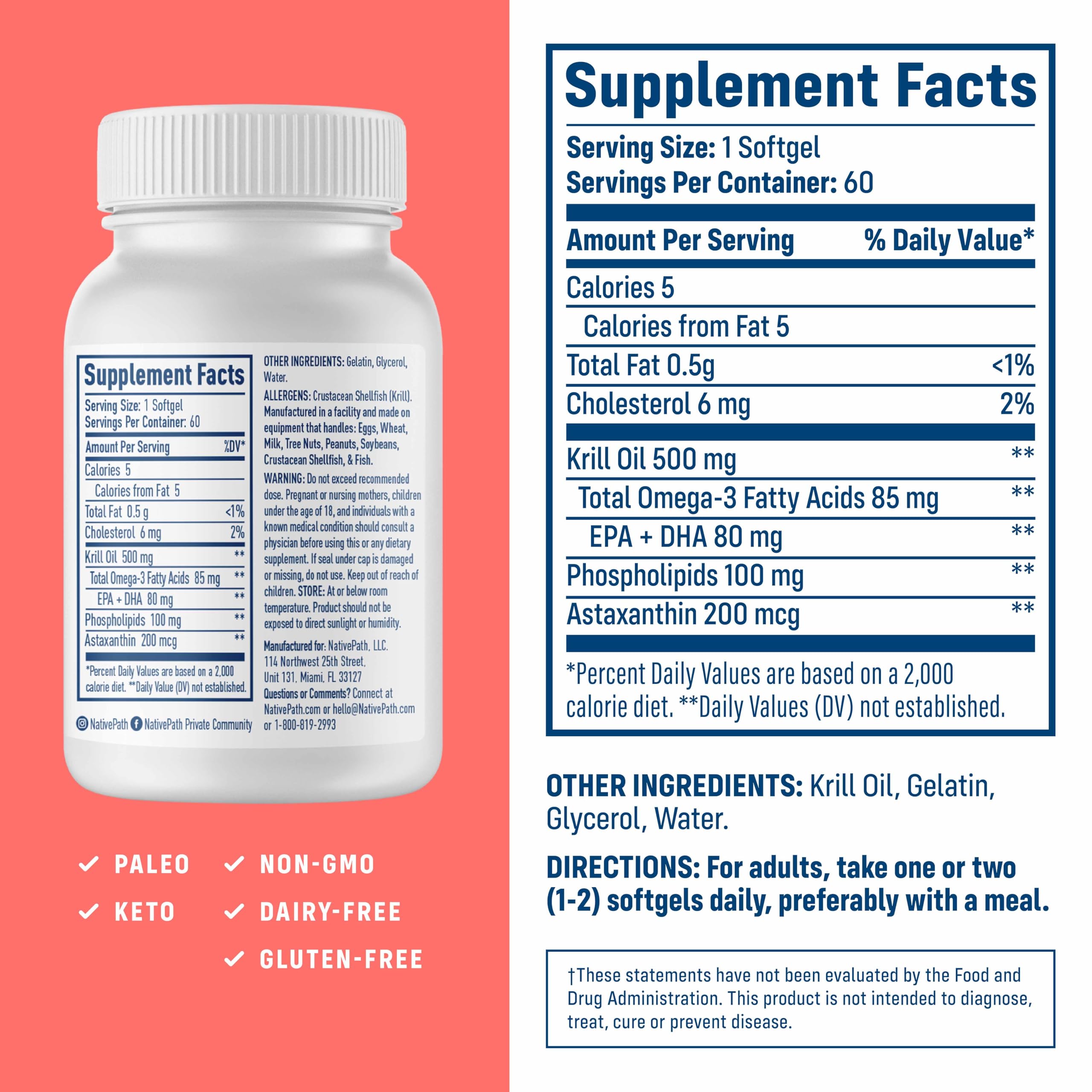 NativePath Antarctic Krill Oil 60 softgels packaging highlighting the premium EPA DHA and astaxanthin ingredients.