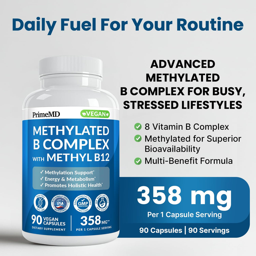PrimeMD Methylated B Complex supplement packaging highlighting 1000 mcg methylcobalamin dosage facts.