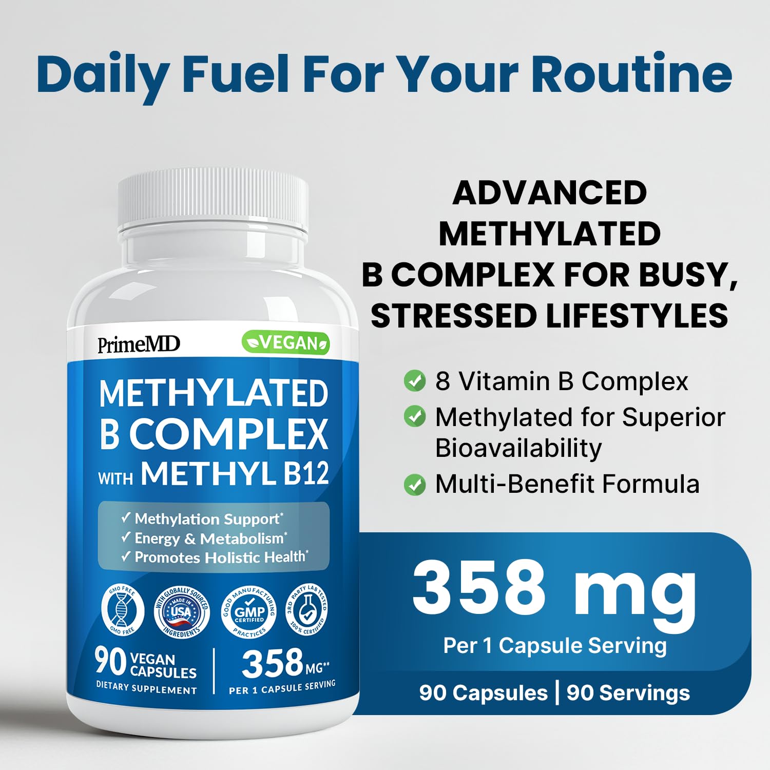 PrimeMD Methylated B Complex supplement packaging highlighting 1000 mcg methylcobalamin dosage facts.