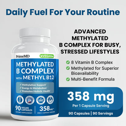 PrimeMD Methylated B Complex supplement packaging highlighting 1000 mcg methylcobalamin dosage facts.