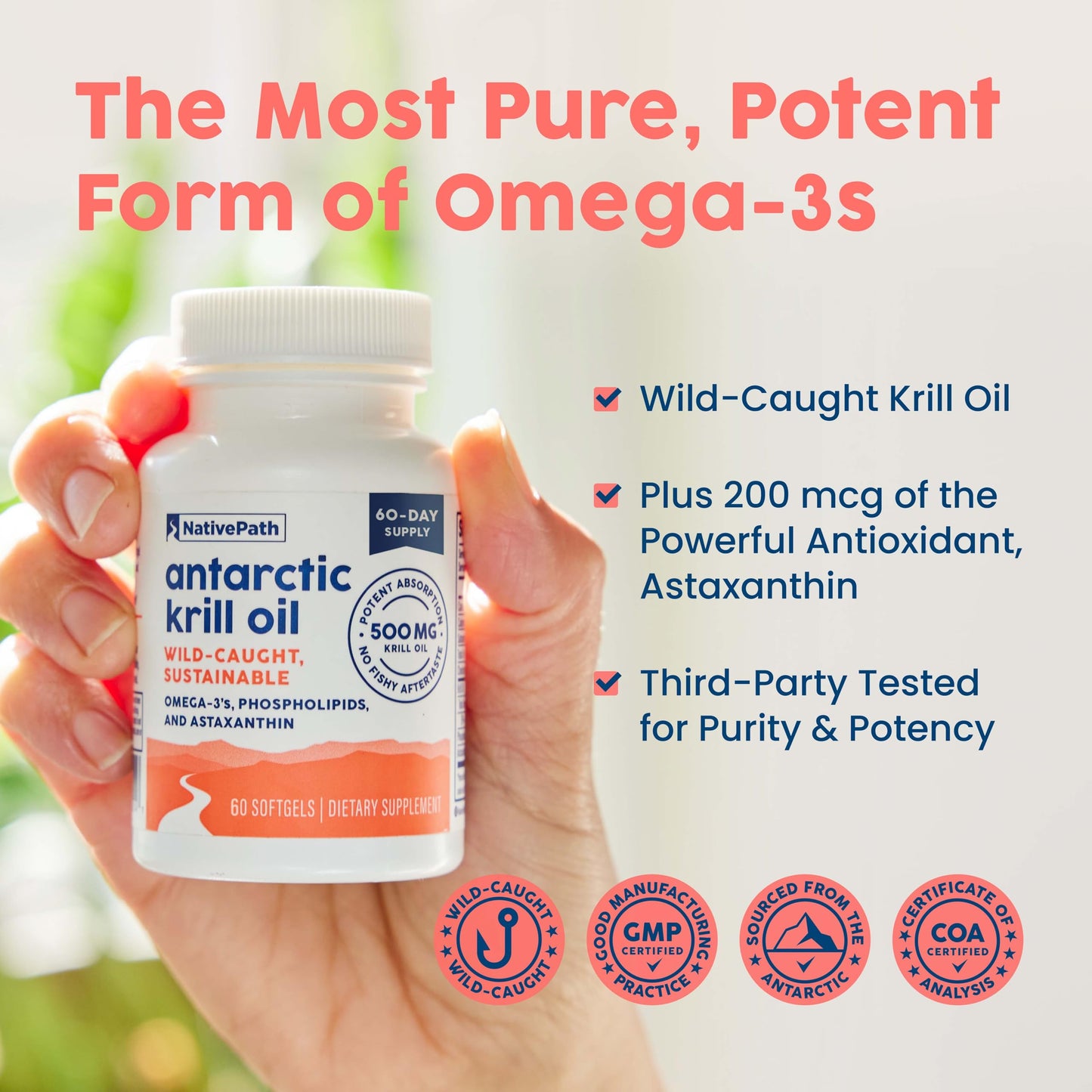Close-up look at the supplement facts label on NativePath wild-caught krill oil showing phospholipid contents.
