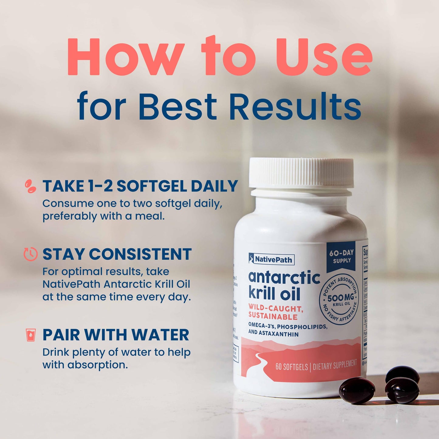 USA imported NativePath krill oil dietary supplement softgels displayed next to its original protective bottle.