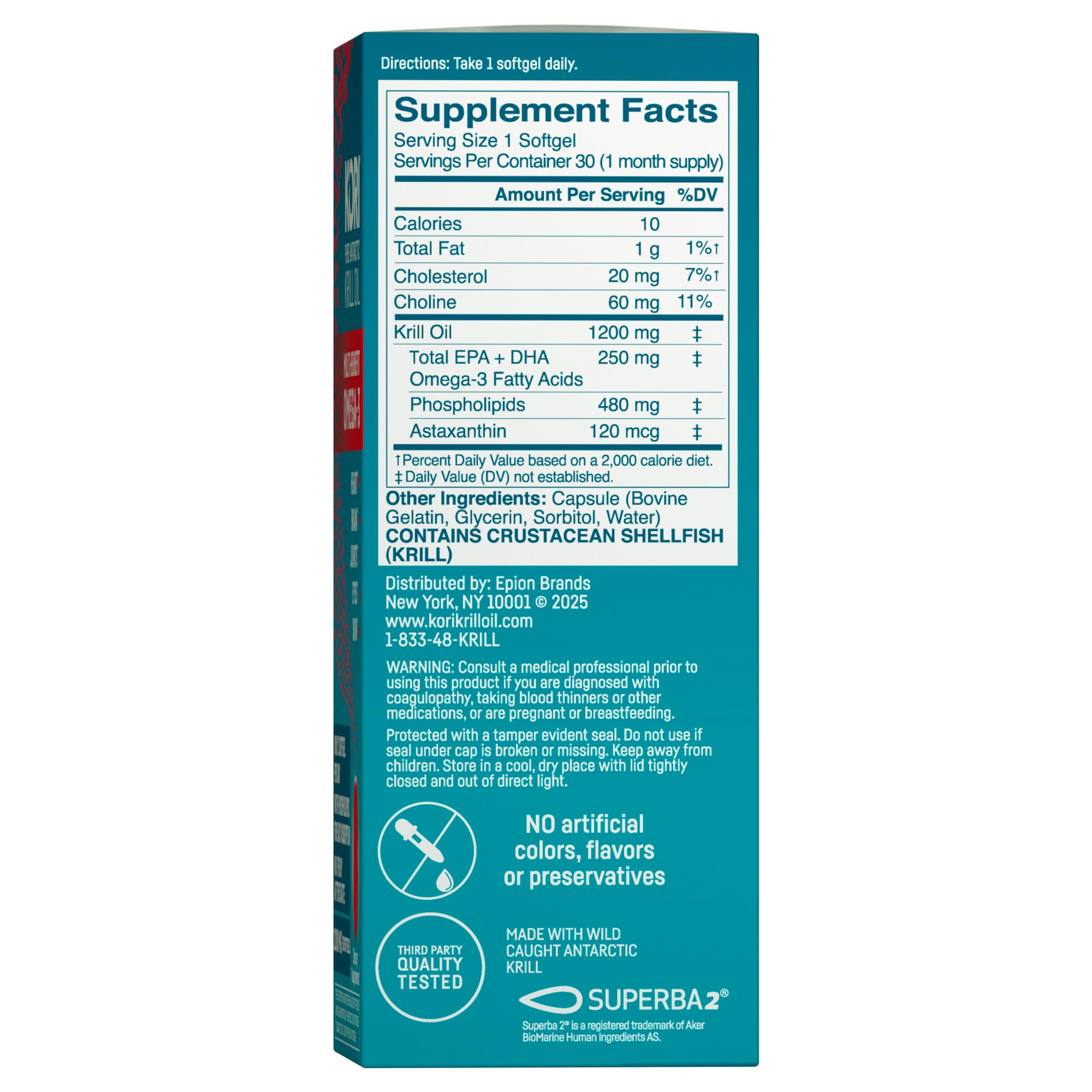 Kori Krill Oil 30 softgels packaging showcasing heart brain and joint health benefits