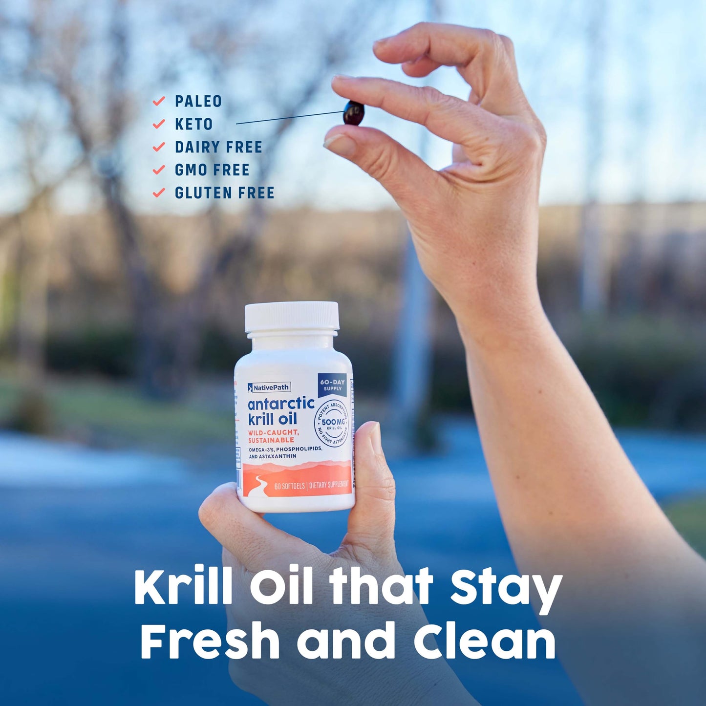 Premium authentic NativePath omega-3 krill oil bottle standing upright against a clean wellness background.
