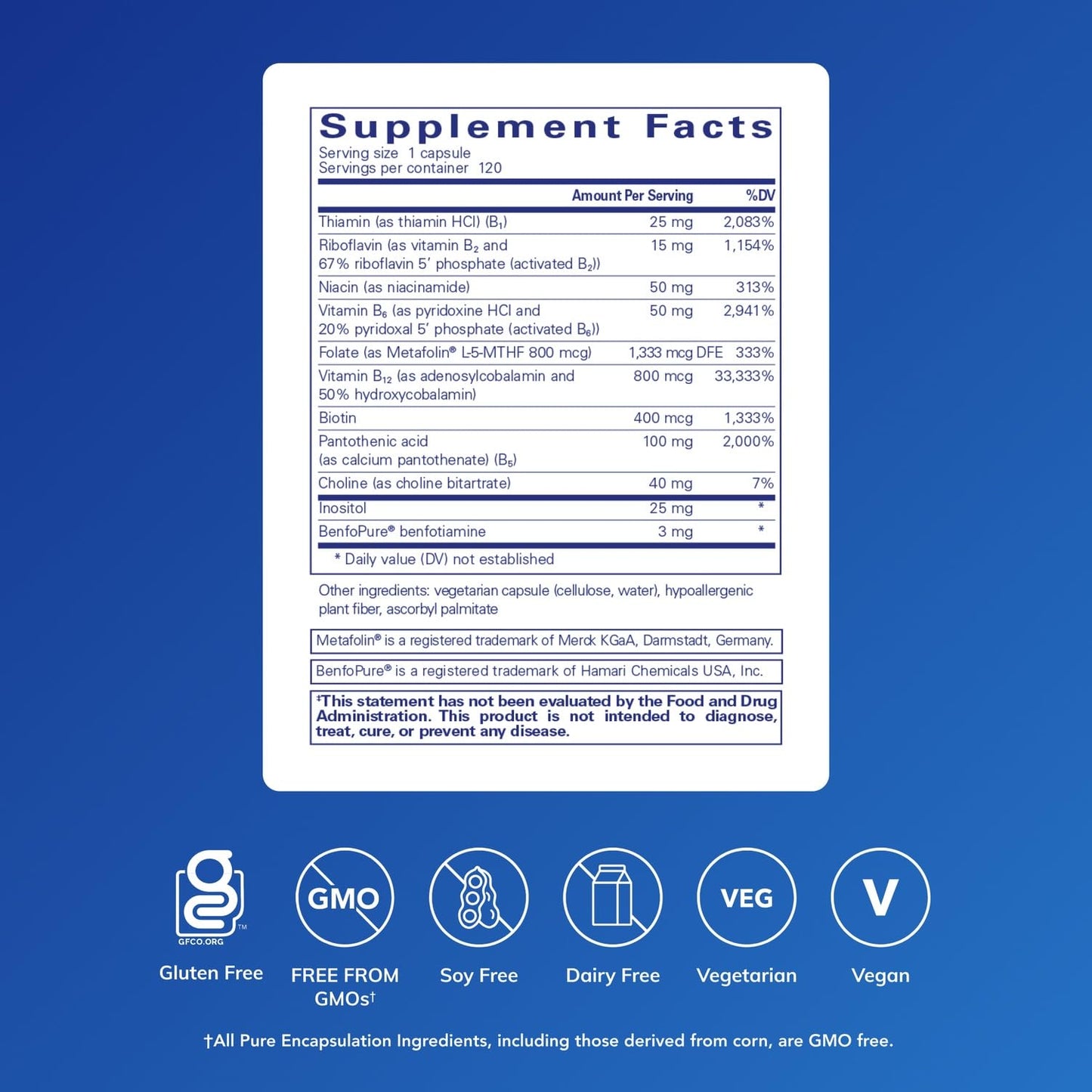 Pure Encapsulations PureGenomics B-Complex supplement facts panel indicating highly bioavailable ingredients.