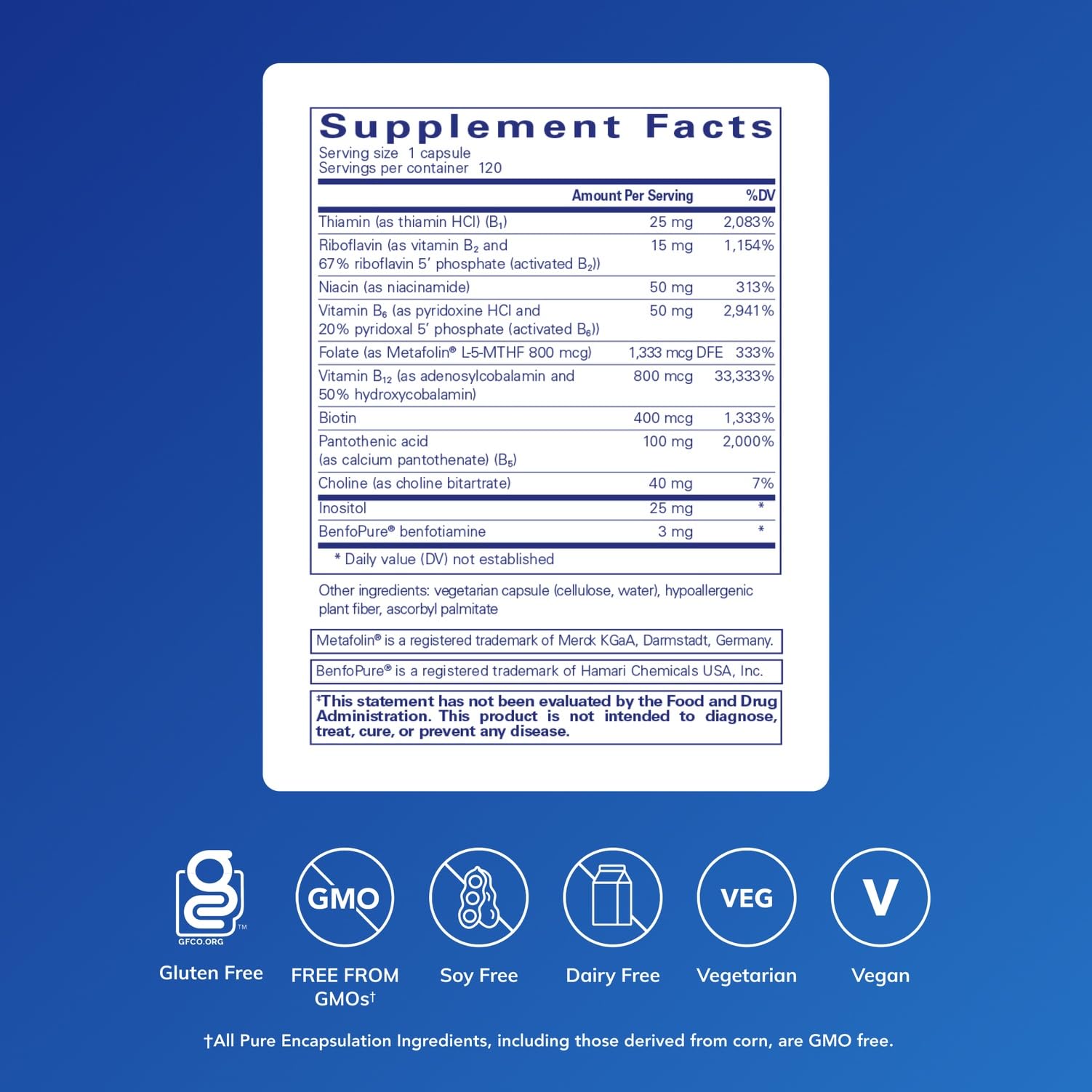 Pure Encapsulations PureGenomics B-Complex supplement facts panel indicating highly bioavailable ingredients.