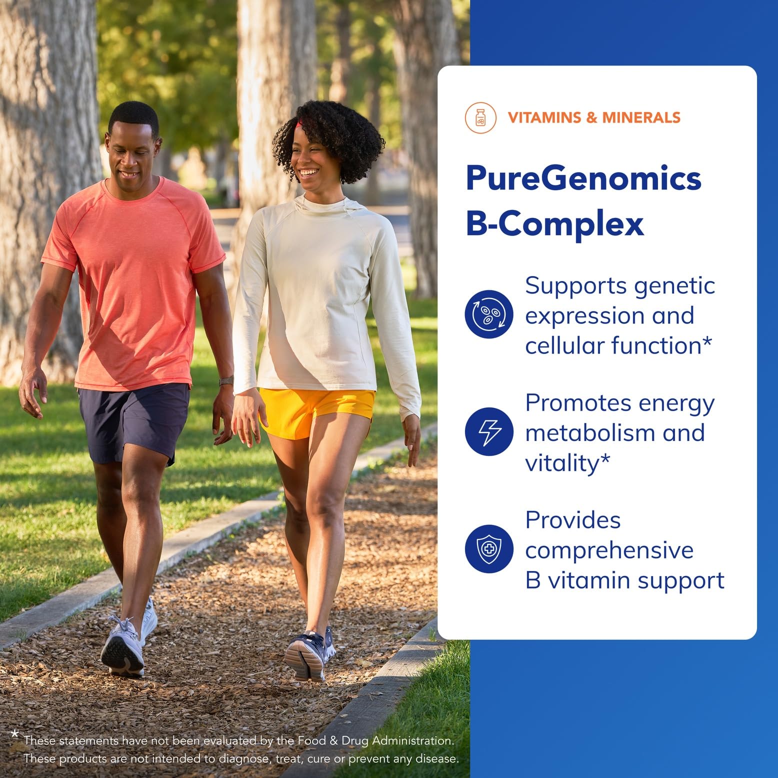 Hypoallergenic and non-GMO certification details on the side of the PureGenomics B Complex container.
