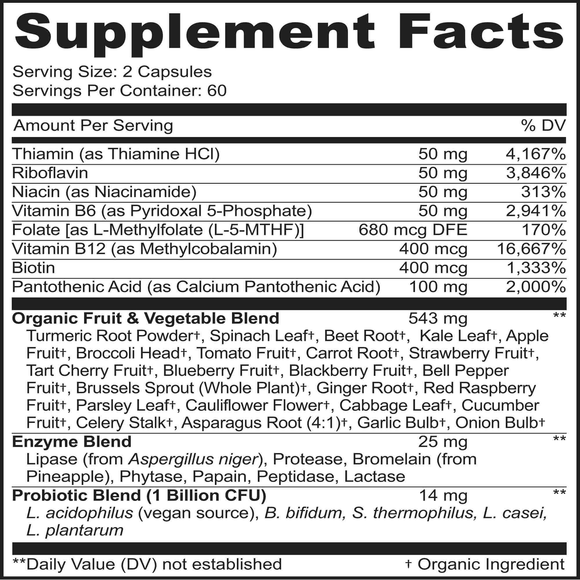 MoxyVites methylated B vitamins bottle supplement facts and organic fruit blend ingredient list