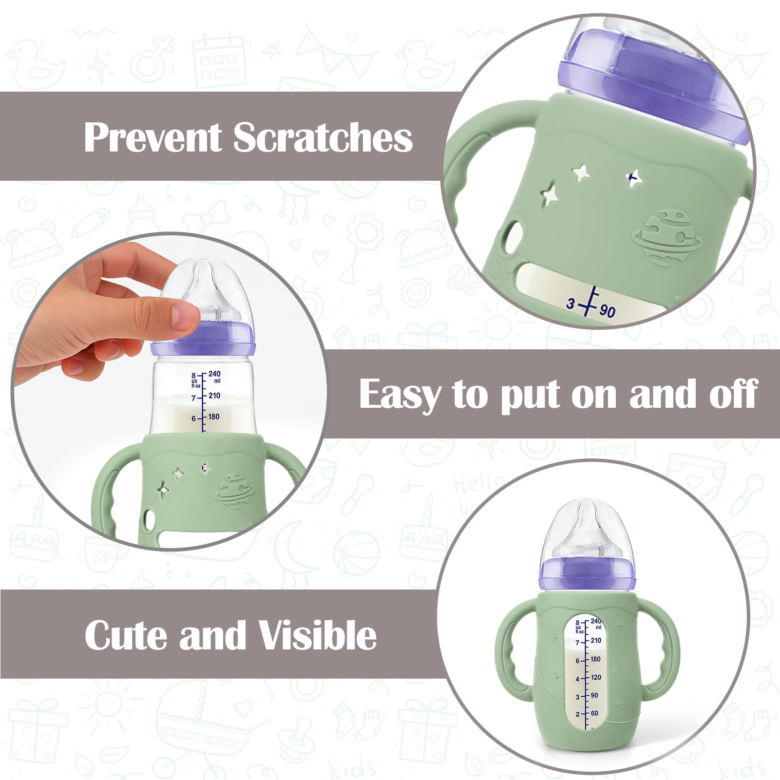 Silicone sleeve with integrated handle for baby bottle grip