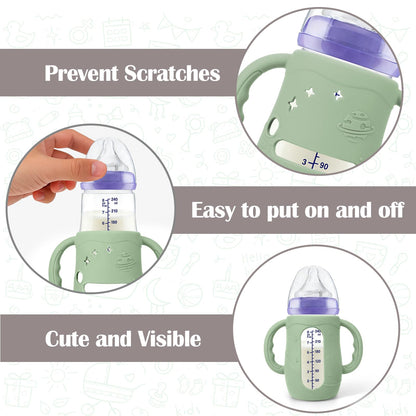 Silicone sleeve with integrated handle for baby bottle grip