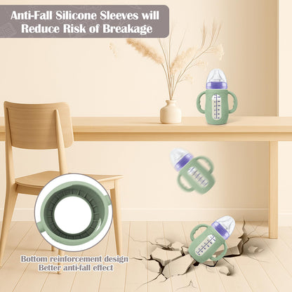Green protective sleeve on Lansinoh glass feeding bottle