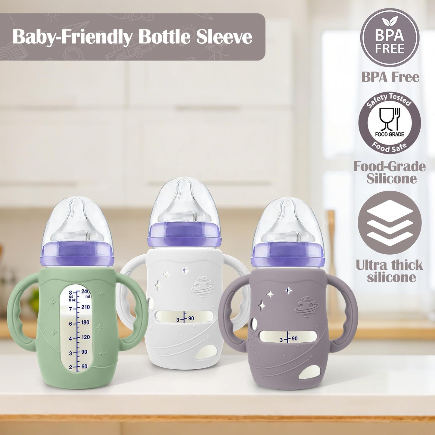 Three pack silicone bottle covers for 8 fluid ounce bottles