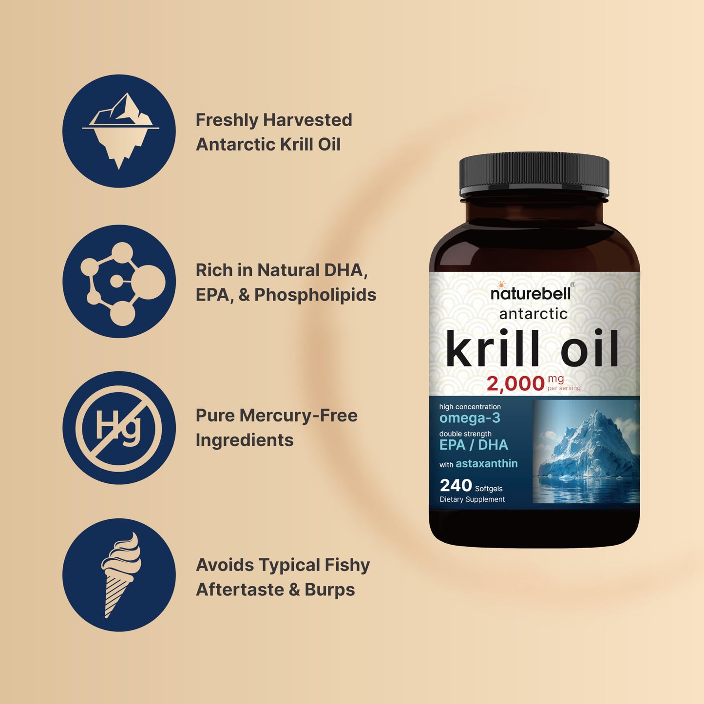 Supplement facts label on the back of NatureBell Antarctic krill oil displaying serving size details
