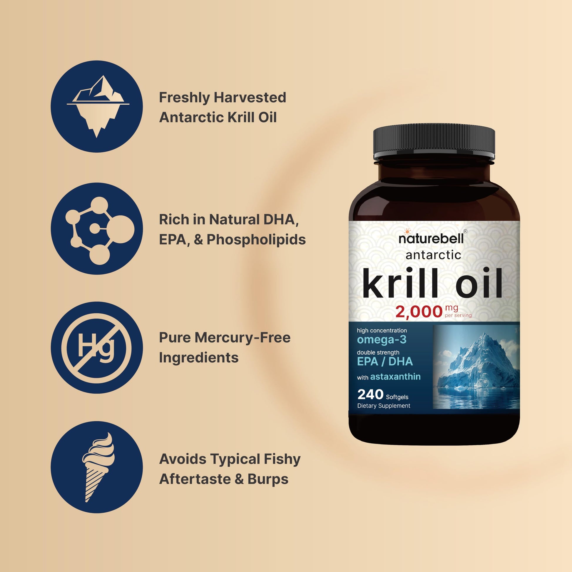 Supplement facts label on the back of NatureBell Antarctic krill oil displaying serving size details