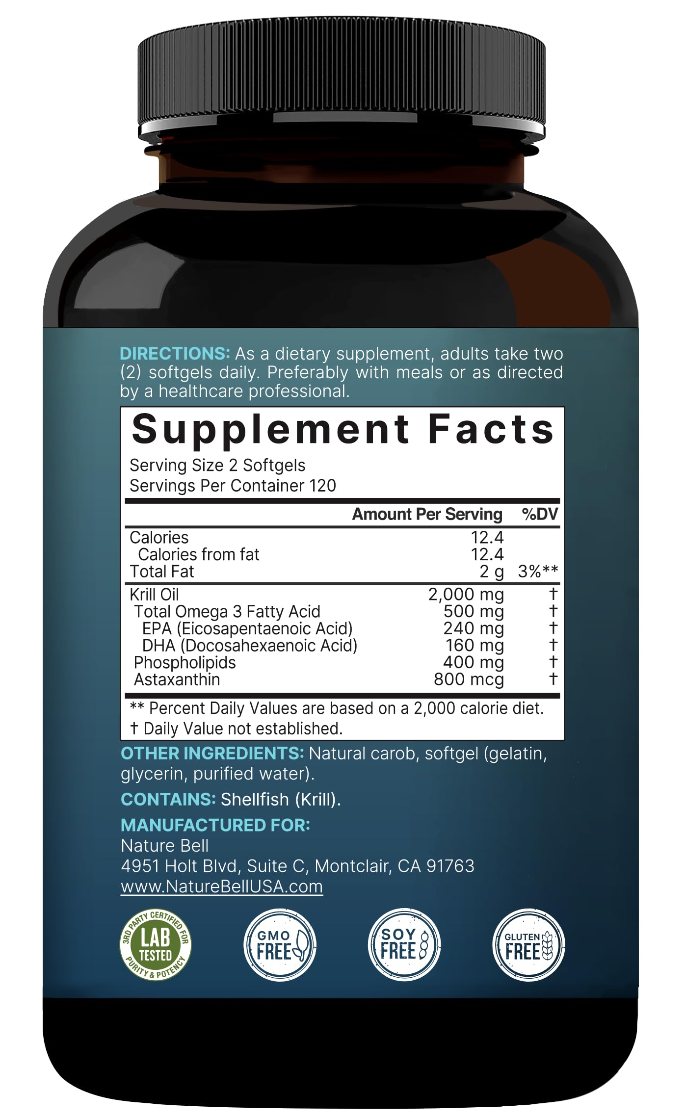 Authentic NatureBell health supplement bottle emphasizing no fishy aftertaste feature