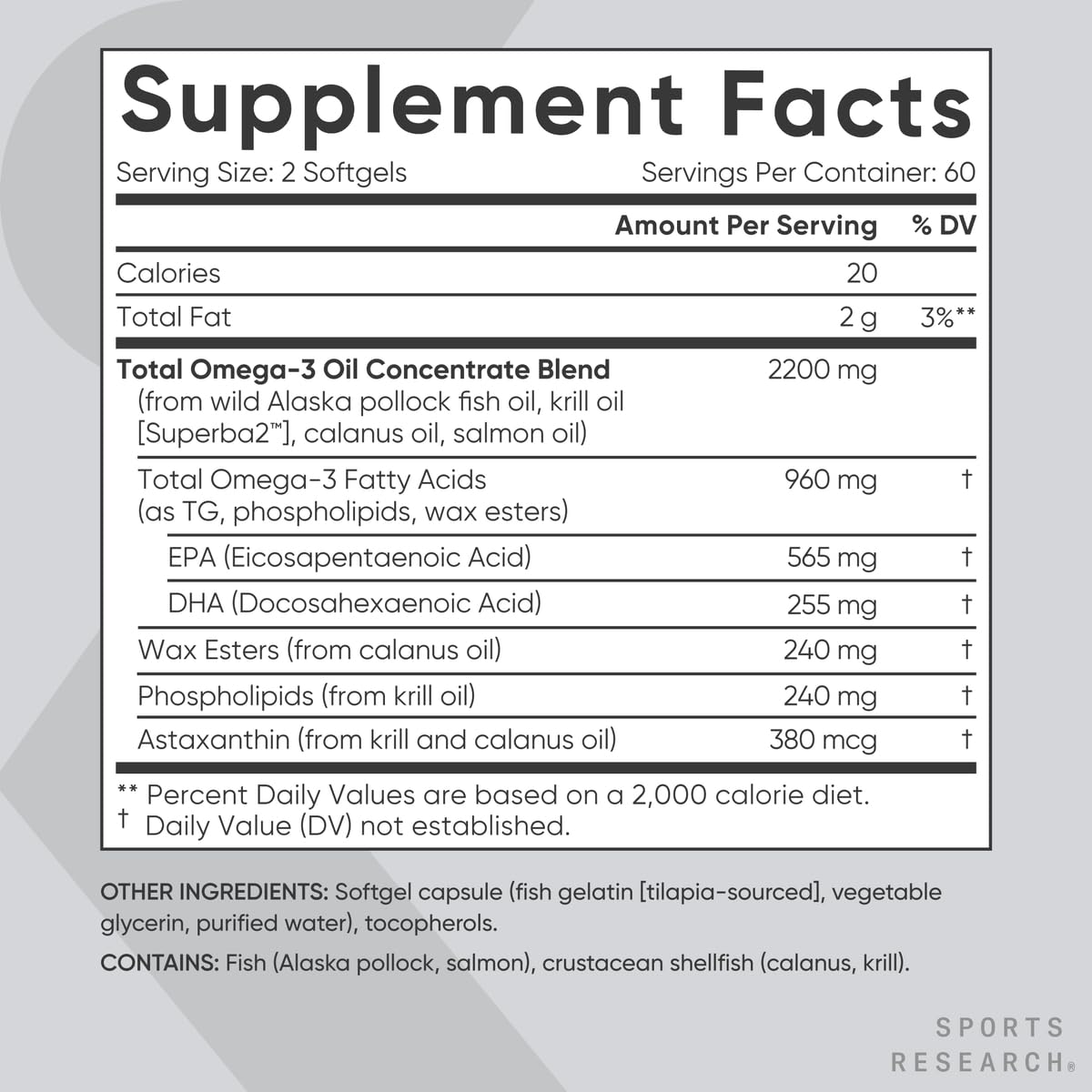 Pescatarian friendly non GMO verified omega 3 fish oil daily capsules nutrition facts and allergen warnings.