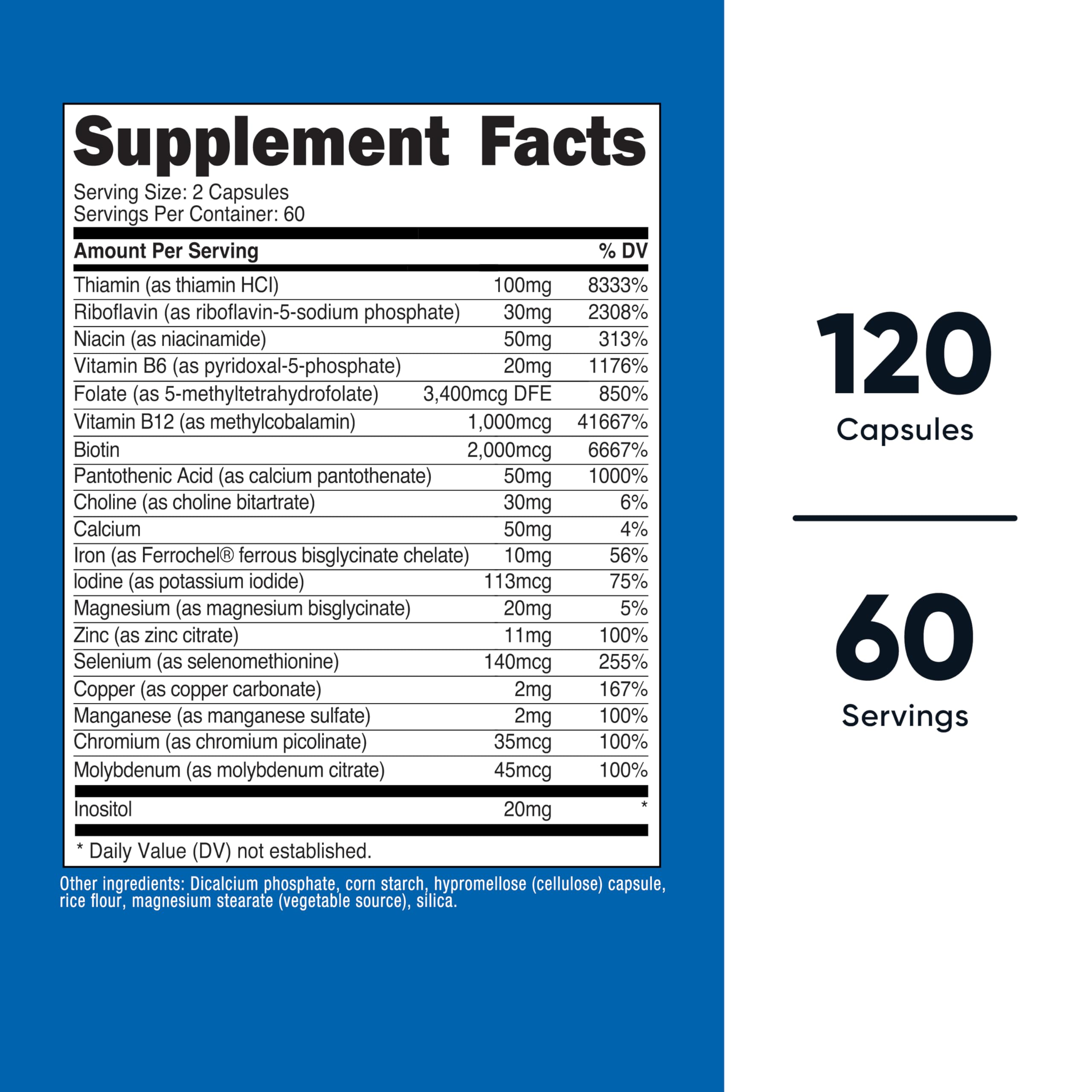 Nutricost High Potency Vitamin B Complex supplement showing side label ingredients and active methylated folate