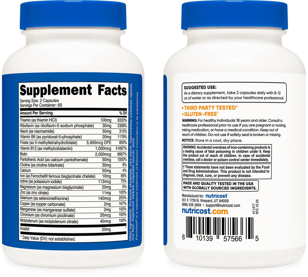 Back label view of Nutricost Methylated B Complex detailing nutritional facts and recommended serving size