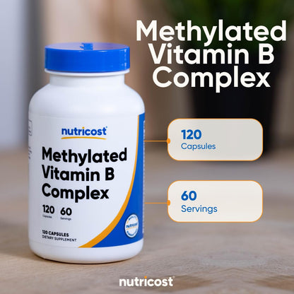 Close up of Nutricost Methylated B12 and folate supplement bottle displaying third party tested certification logo