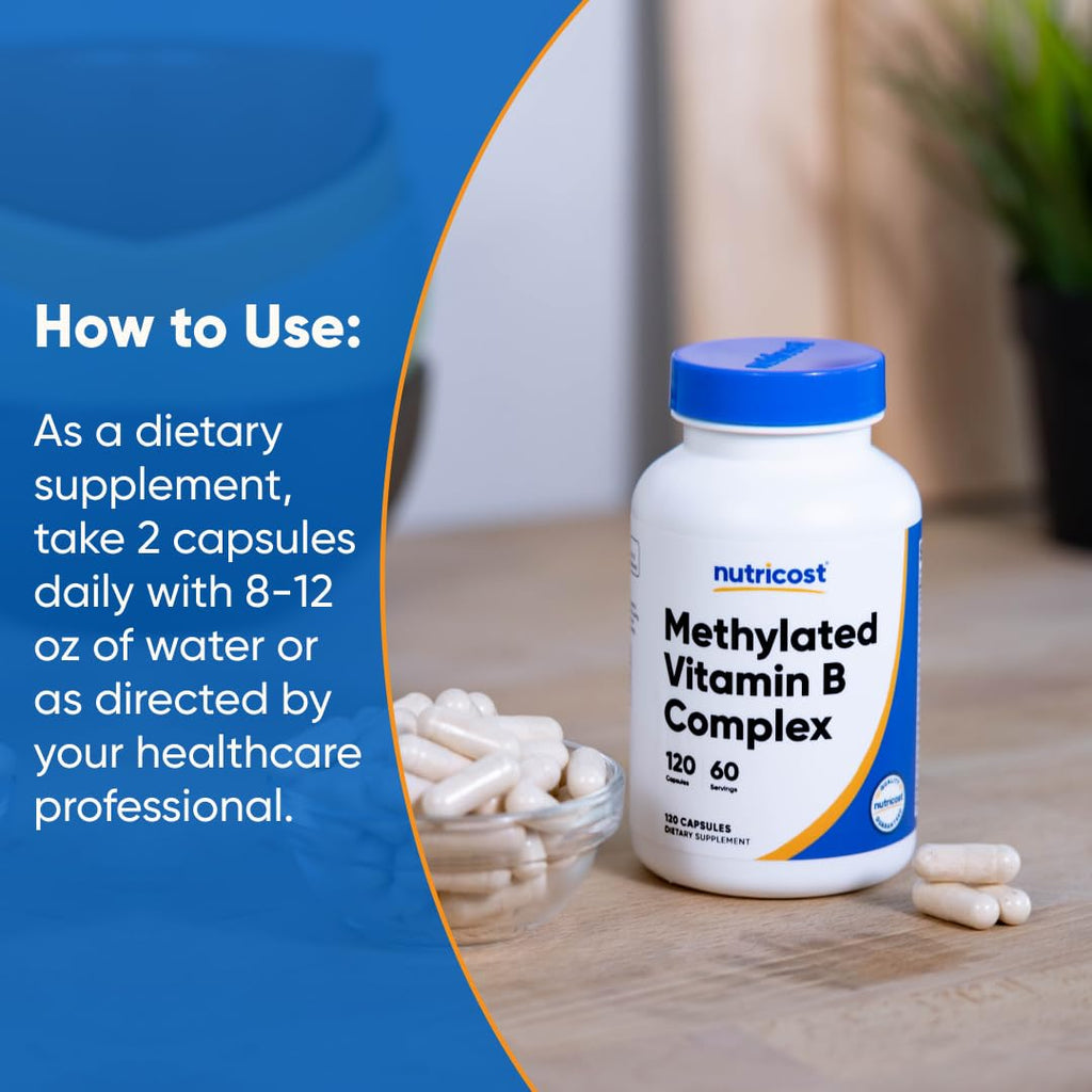 Nutricost high potency methylated vitamin complex bottle placed upright showing clean non GMO labeling