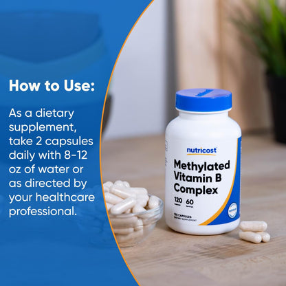 Nutricost high potency methylated vitamin complex bottle placed upright showing clean non GMO labeling