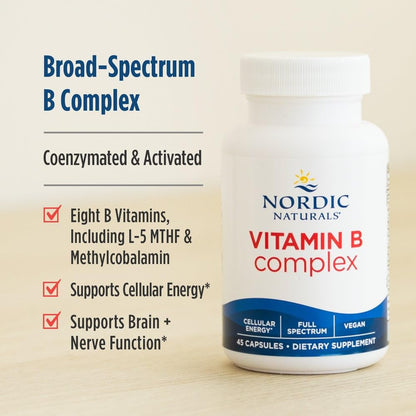 Close-up of authentic imported Nordic Naturals vitamin B complex showing verified USA packaging features.
