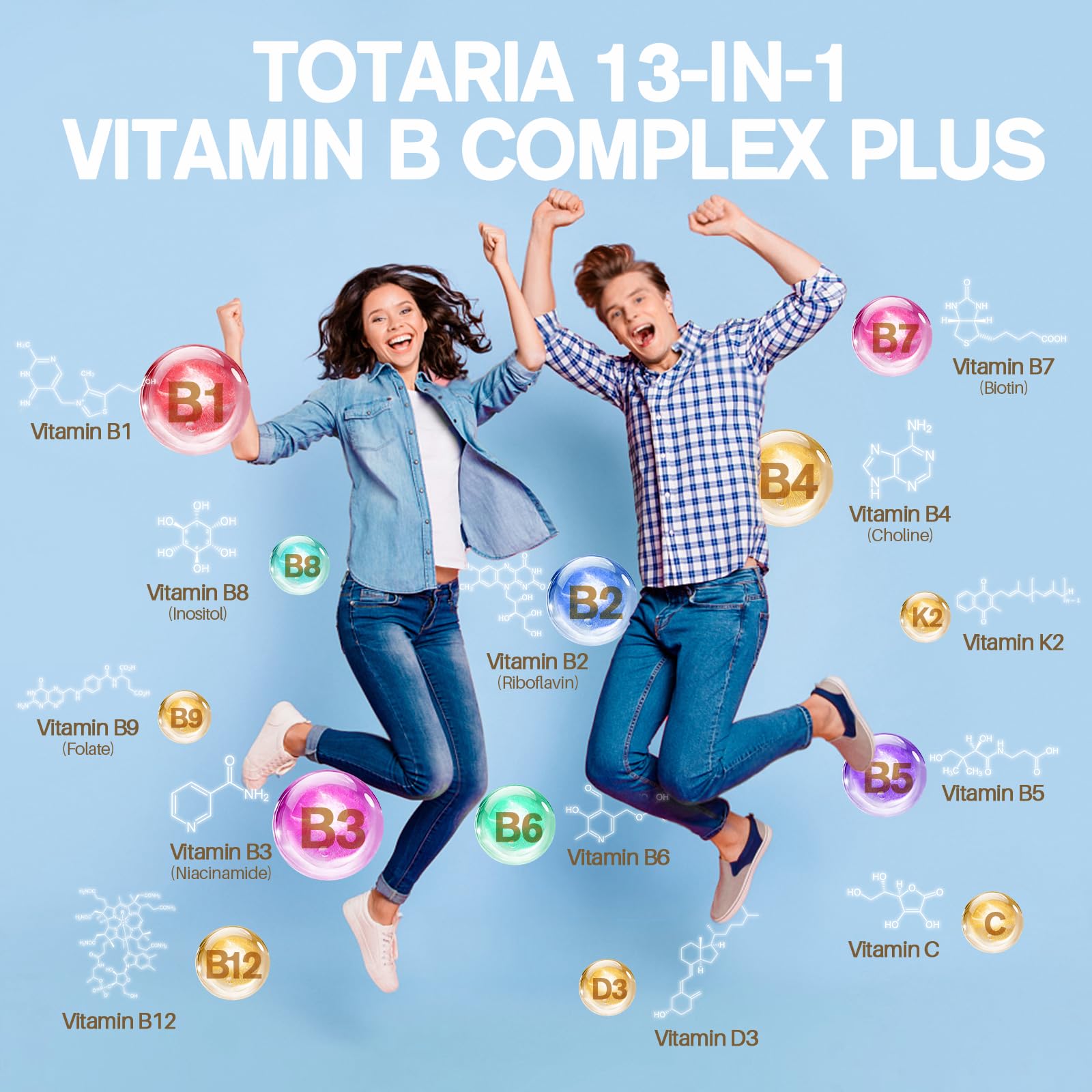 Totaria Vitamin B Complex supplement showing nutrition facts label and high potency active ingredients