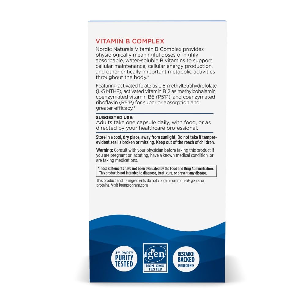 Securely sealed bottle of authentic Nordic Naturals B complex supplement imported directly to India.