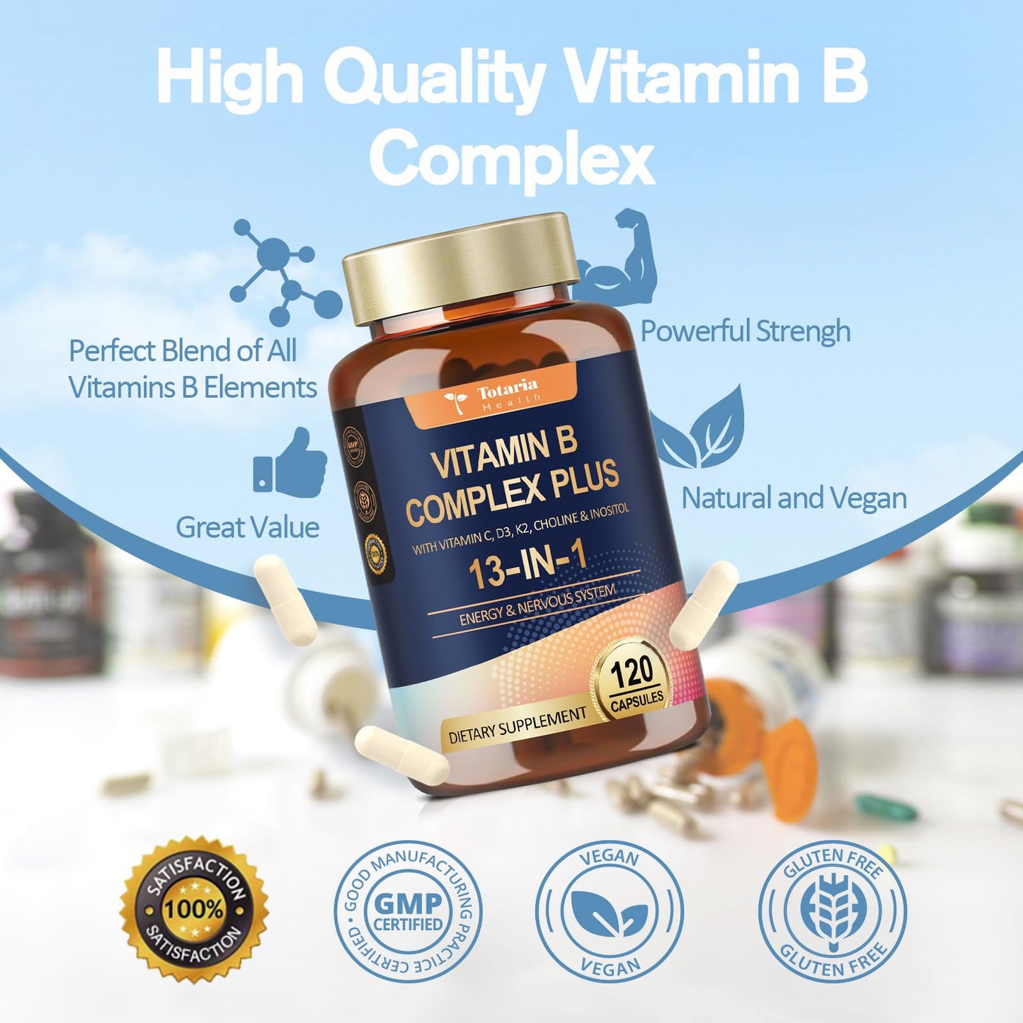 Close up of Totaria Vitamin B Complex capsules showcasing gluten free health supplement contents