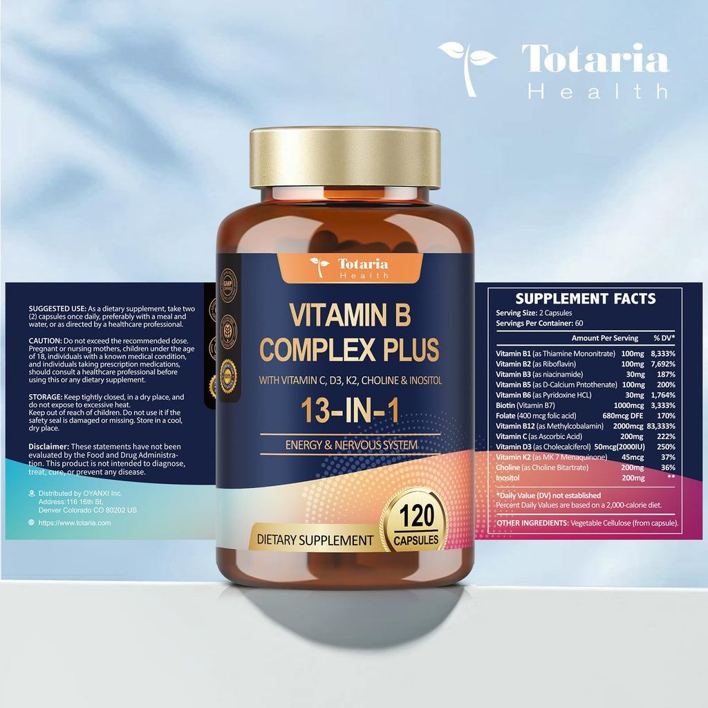Full range of Totaria Health dietary supplement bottles featuring the complete vitamin B complex formula