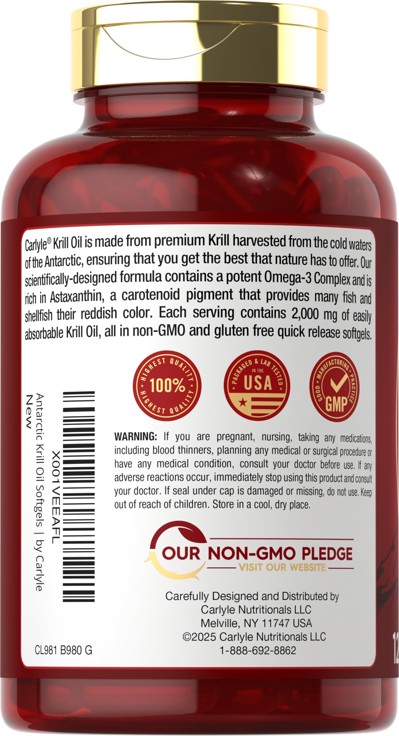 Side angle view of Carlyle Antarctic Krill Oil 120 softgels container