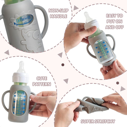 Ergonomic handles on silicone sleeve for infant self feeding