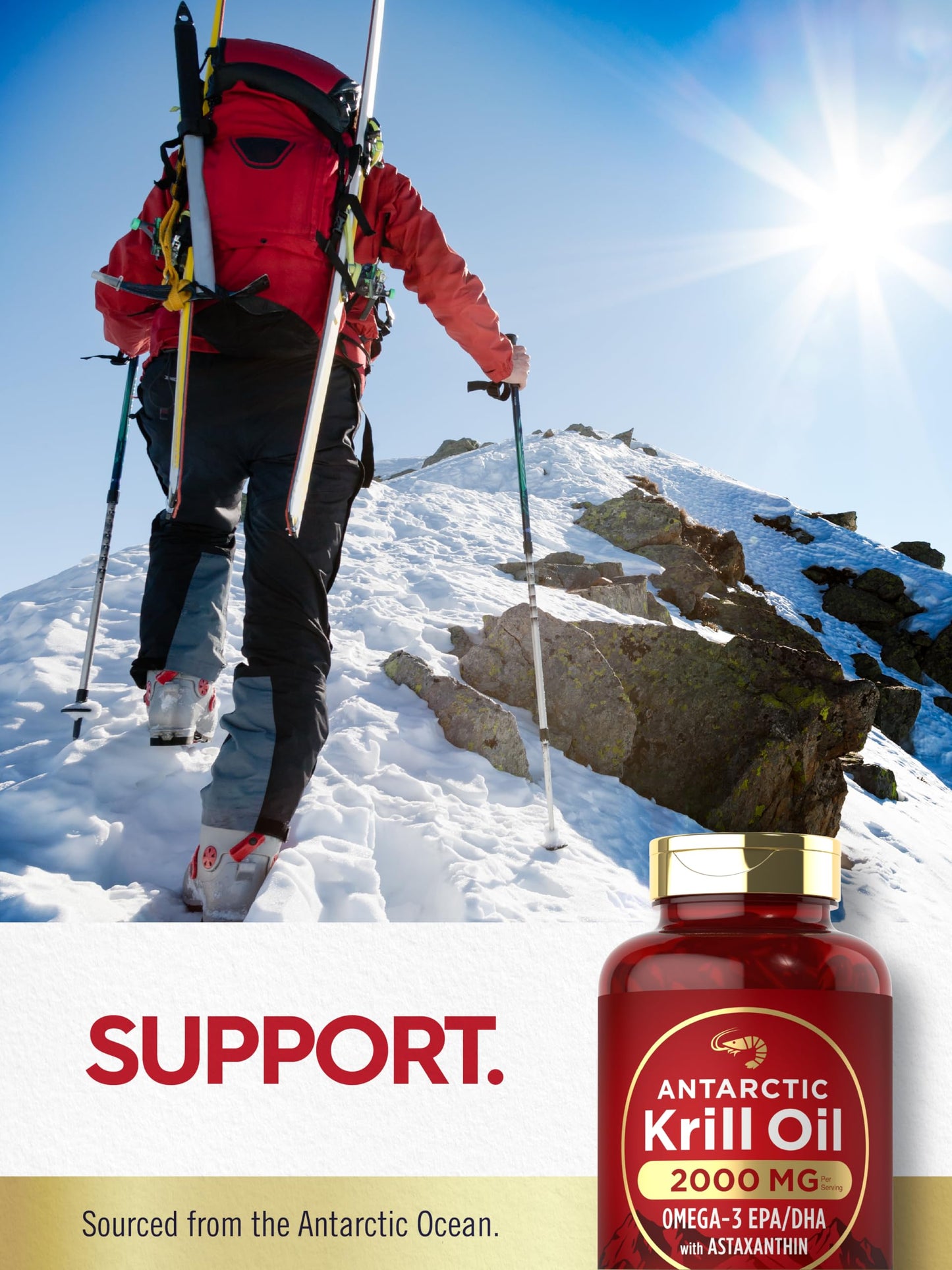 Authentic Carlyle Antarctic Krill Oil bottle highlighting cardiovascular and joint health benefits